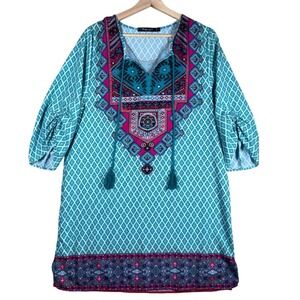 Urban CoCo Women's Turquoise Boho Dress L Tunic 3/4 Sleeve Festival Casual Beach